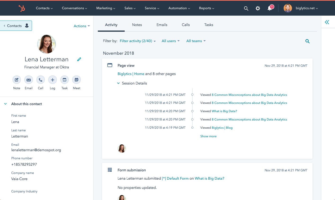 Aperçu d'une fiche contact dans le CRM HubSpot