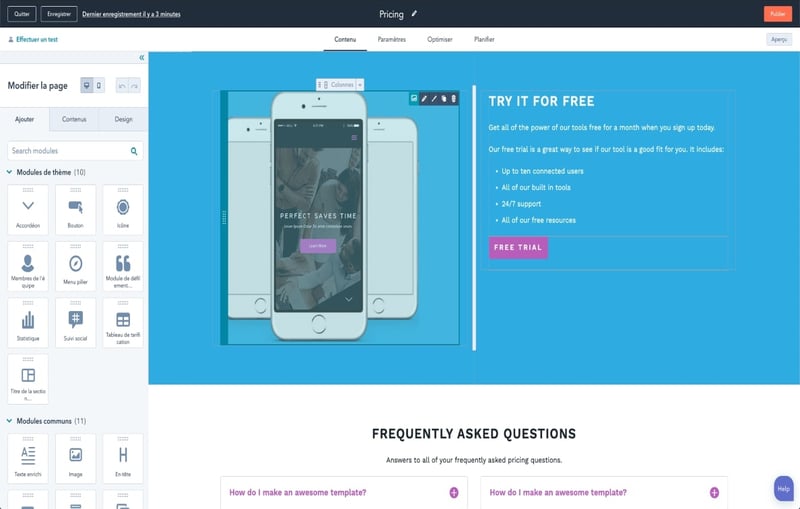Capture d'écran de l'éditeur Drag and Drop d'HubSpot