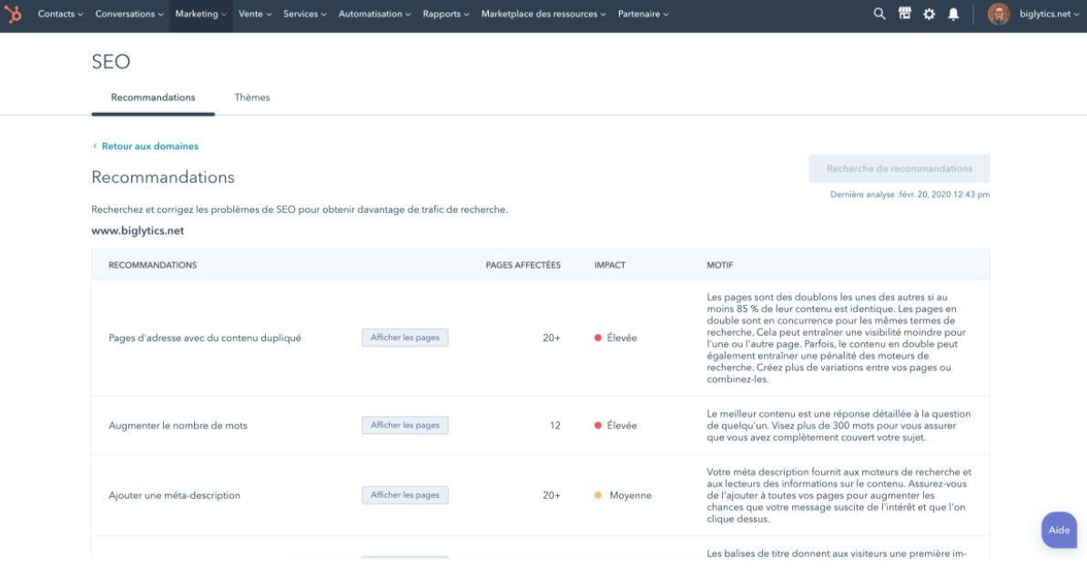 Outil de recommandations SEO du CMS HubSpot
