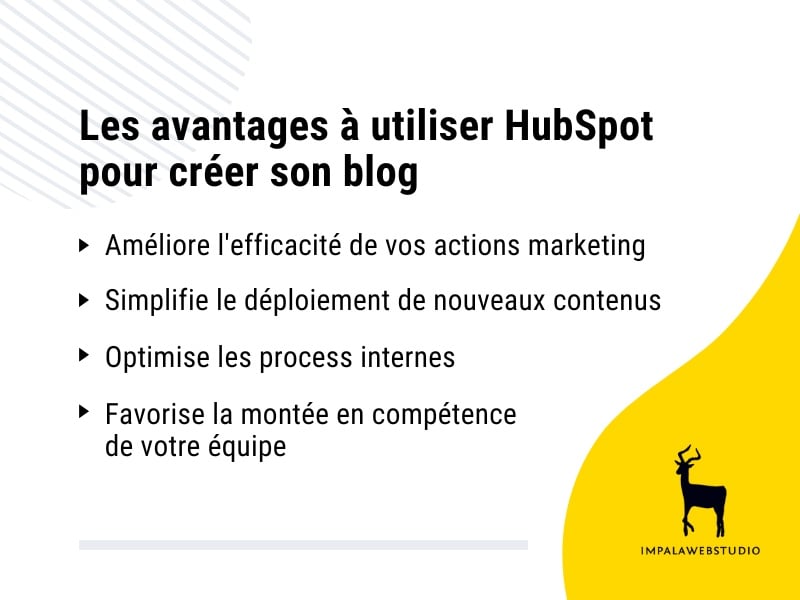 Présentation des avantages à utiliser un blog HubSpot. Améliore l'efficacité de vos actions marketing, simplifie le déploiement de nouveaux contenus, optimise les process internes et favorise la montée en compétence de vos équipes.