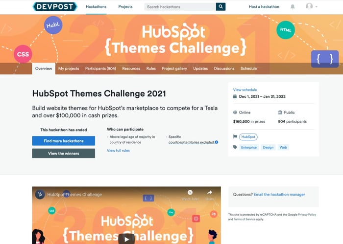 Page du concours HubSpot Themes Challenge 2021 sur le site Devpost