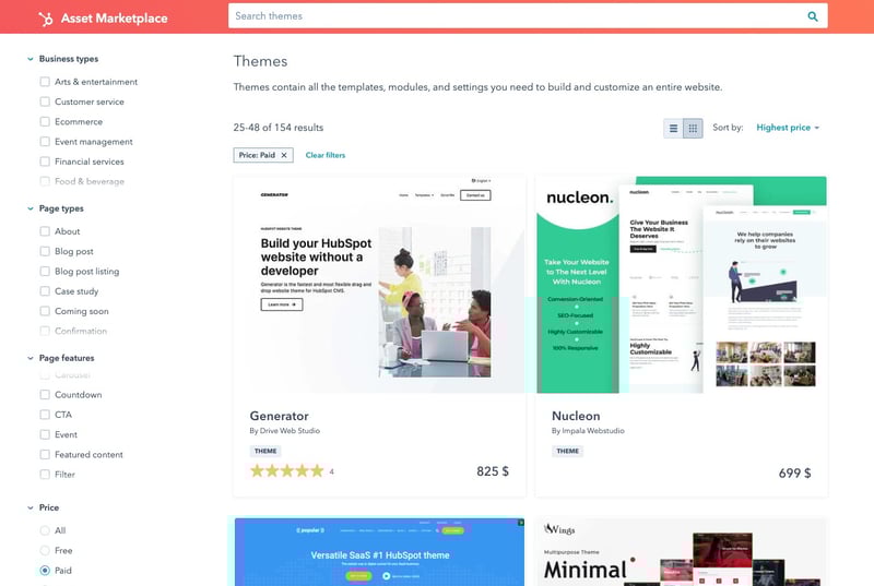 Aperçu des thèmes payants de la marketplace HubSpot