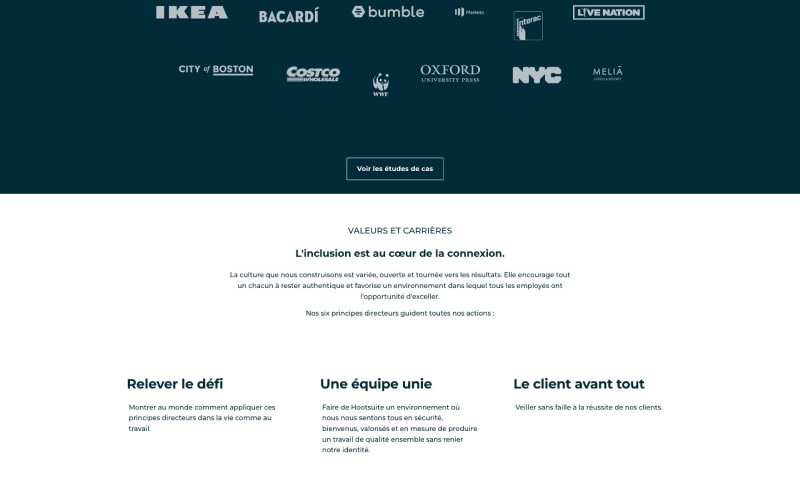 Hootsuite - Aperçu section clients et valeurs page Qui sommes-nous ?