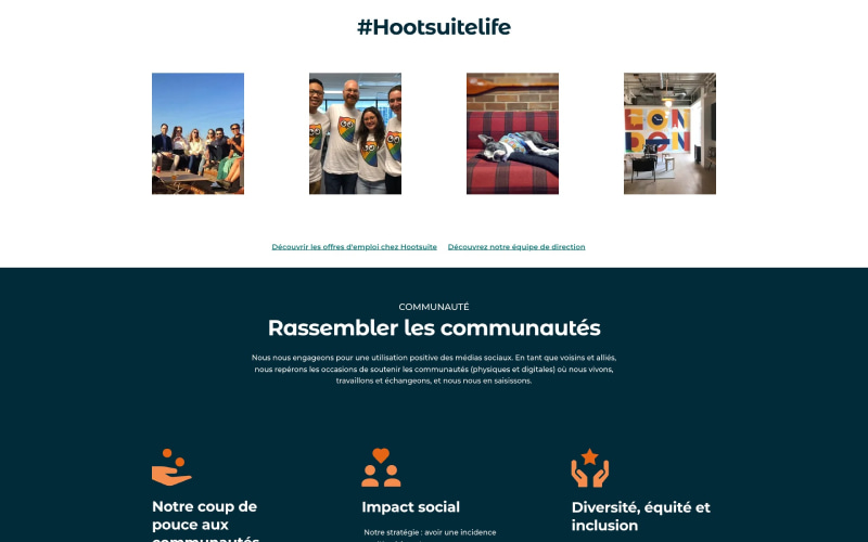 Hootsuite - Aperçu section équipe et engagements page Qui sommes-nous ?