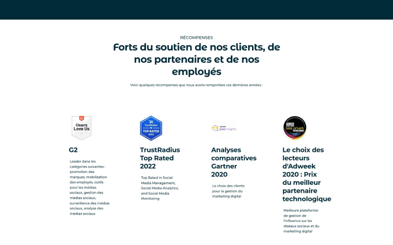 Hootsuite - Aperçu section récompenses page Qui sommes-nous ?