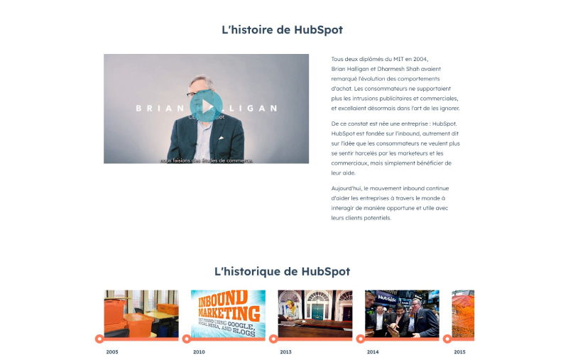 Hubspot - Aperçu section histoire page Qui sommes-nous