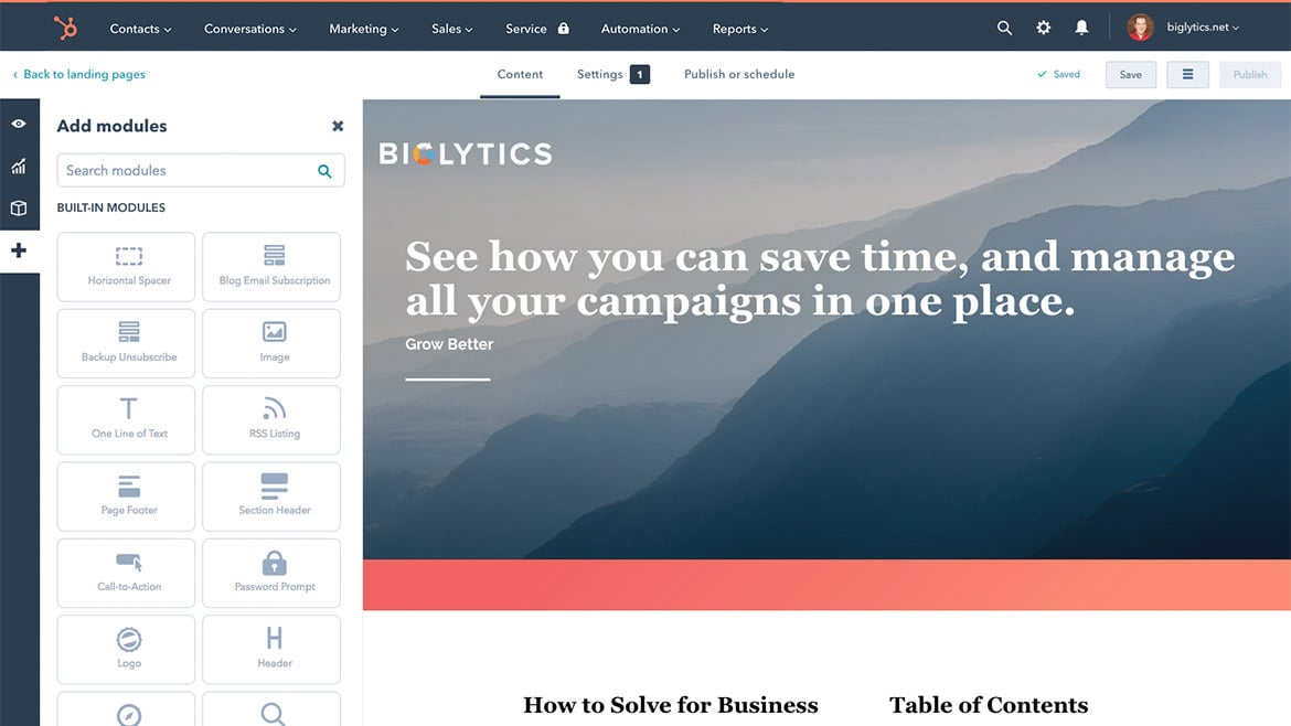Capture d'écran de l'éditeur Drag and Drop du CMS HubSpot