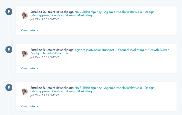 Hubspot CRM : visualisation des interactions du visiteur avec votre site