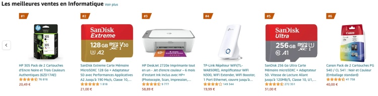 Capture d'écran d'une liste de produits sur Amazon 