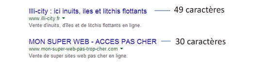 Exemple du nombre de caratères d'une balise Title dans les résultats de recherche Google